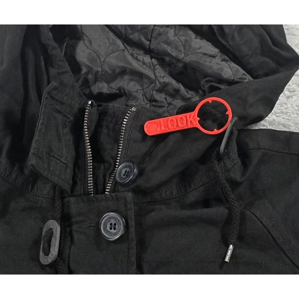 Levi's Women Medium Black Denim Field Jacket Hooded‎ Military Utility Cargo Coat